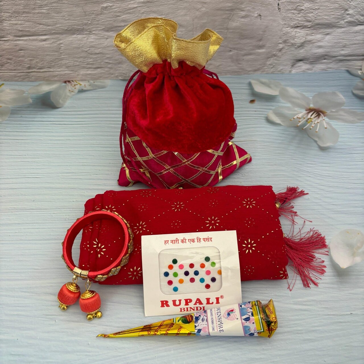 Navratri Gift Hamper Teej Karva Chauth Varalakshmi Vratham Sankranti Puja Housewarming Return Gifts - Potli Bag Dupatta Mehndi Cone Bindi Free Size Bangle Bracelet